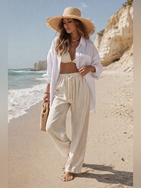 NWT Cloth & Stone Linen Blend Wide Leg Pants XL Cream Drawstring Beach Boho